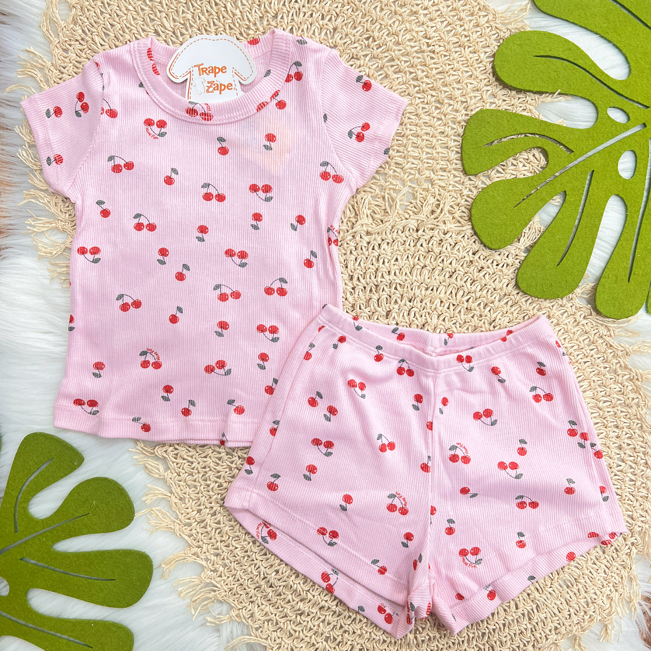  Pijama Blusa e Short Ribana com Cerejas - Rosa